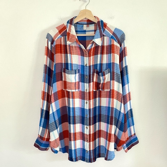 Anthropologie Pilcro Hadley Relaxed Buttondown Shirt Red White Blue Plaid 1X - Picture 7 of 16